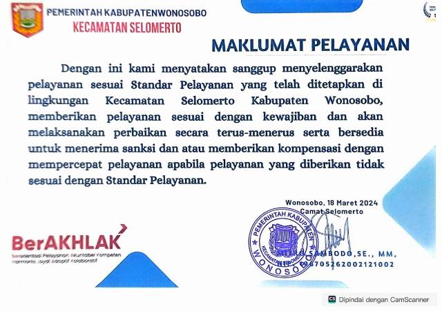 MAKLUMAT PELAYANAN KECAMATAN SELOMERTO